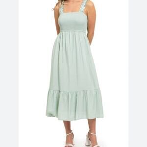 August Sky Size S Smocked Midi Dress Green Ruffle Straps Summer Cottagecore
